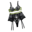 House Of Dasein Color Blocking Splicing Sexy Bra Set Mesh Transparent Hollow Out Erotic Lingerie Three Piece - Black Green - M