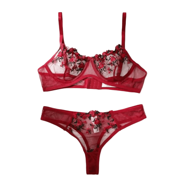 House Of Dasein Floral Mesh Lingerie Set Wine Red M Secondary image