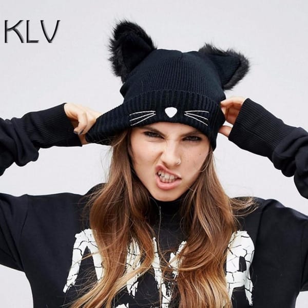 House Of Dasein Cat Ears Beanie Women Warm Kitten Hat DDLG Cosplay Anime Pet Play BDSM Black House of Dasein