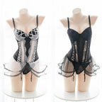 House Of Dasein Tulle Lace Bodysuit White Black House of Dasein