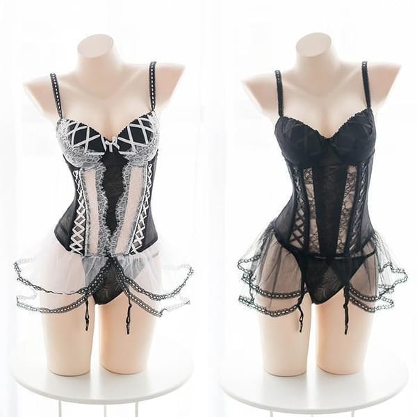 House Of Dasein Tulle Lace Bodysuit White Black House of Dasein