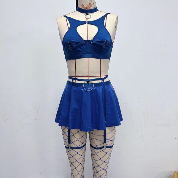 Lace Leather Bra Set Blue M LOVVA