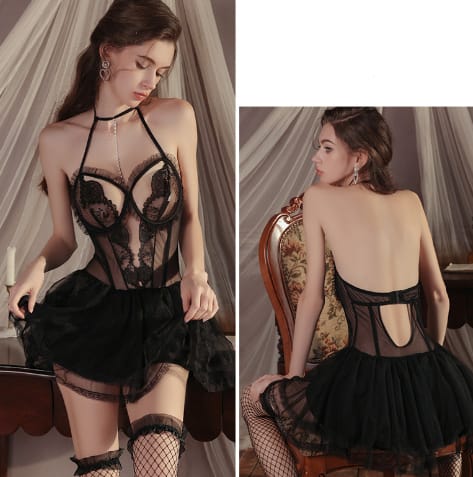 Elosung Sexy Sheer Lace Nightgown Lingerie Set Black Secondary image