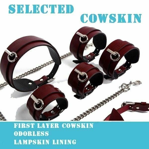 House of Dasein Genuine Leather Bondage Kit With Kitten Mask & Leash Silver House of Dasein