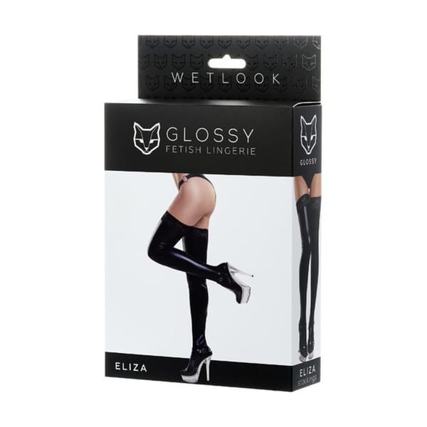 Glossy Eliza Wetlook Stockings With Lace Insert Black XL Glossy