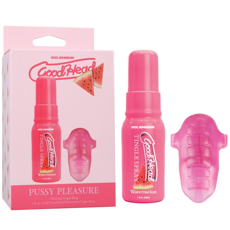 Doc Johnson GoodHead Pussy Pleasure Party Kit Watermelon GoodHead Tingle Spray & Vibrating Tongue Ring