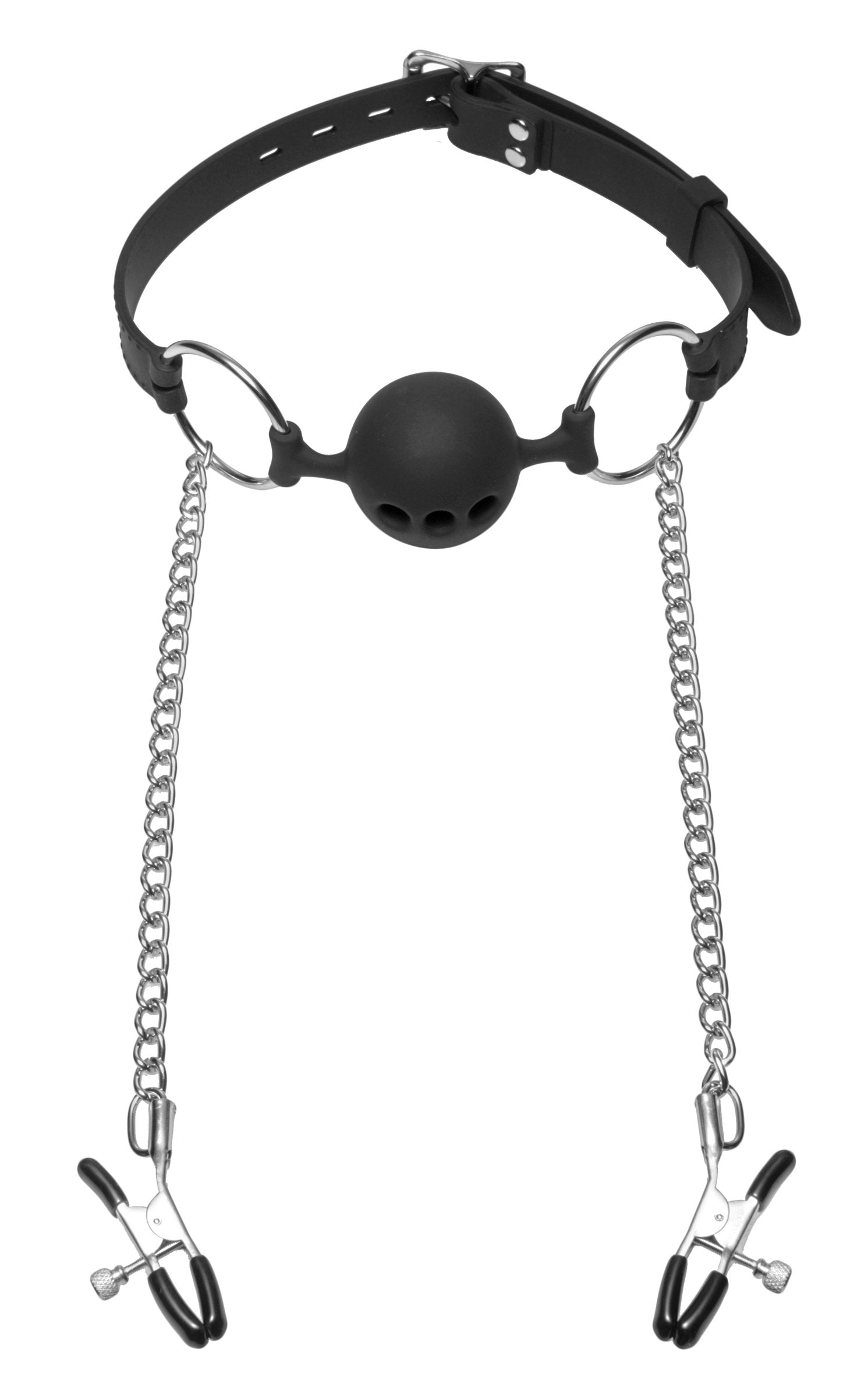 XR Brands Hinder Breathable Silicone Ball Gag With Nipple Clamps