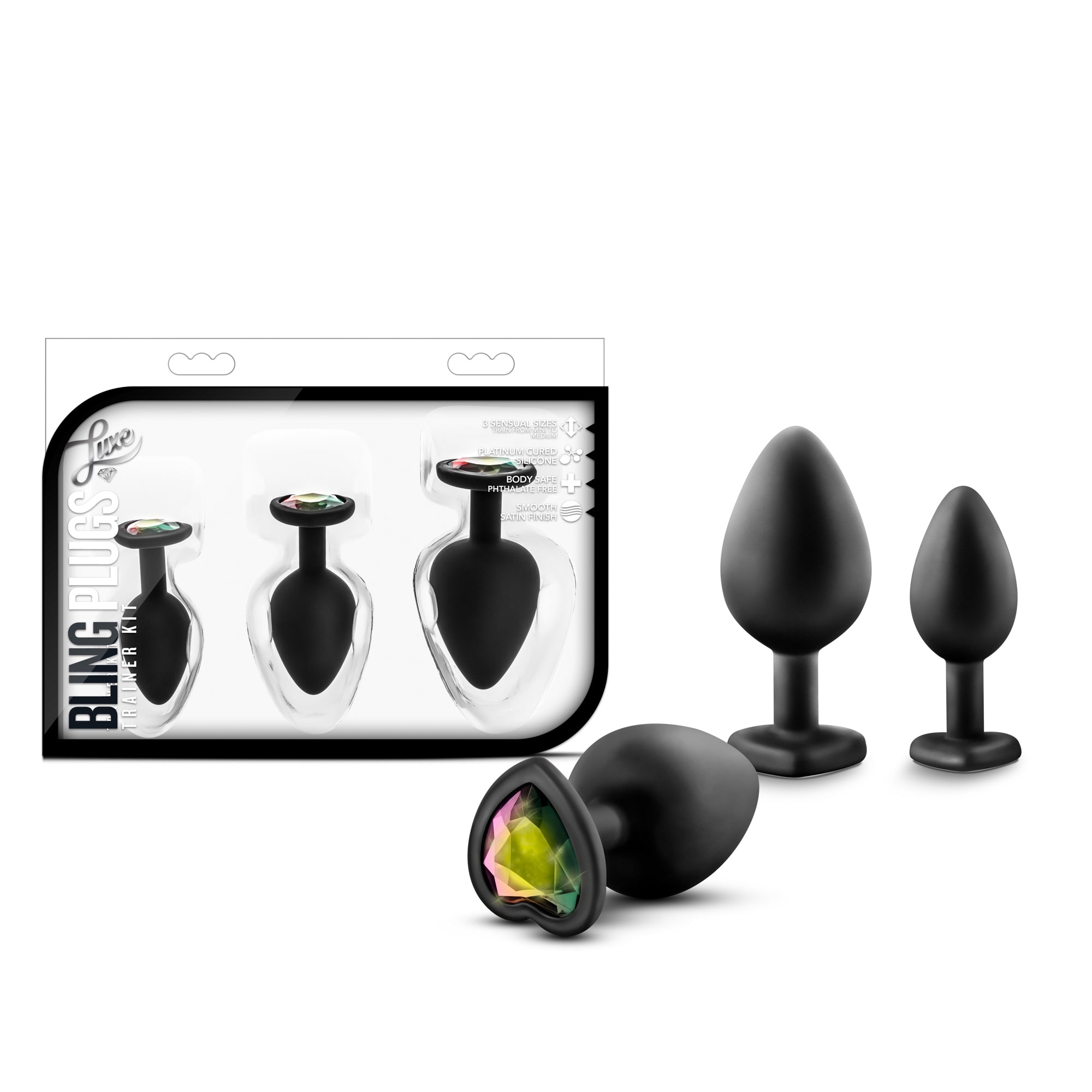 California Exotics Luxe Bling Anal Plugs Training Kit Black With Rainbow Gems Main image