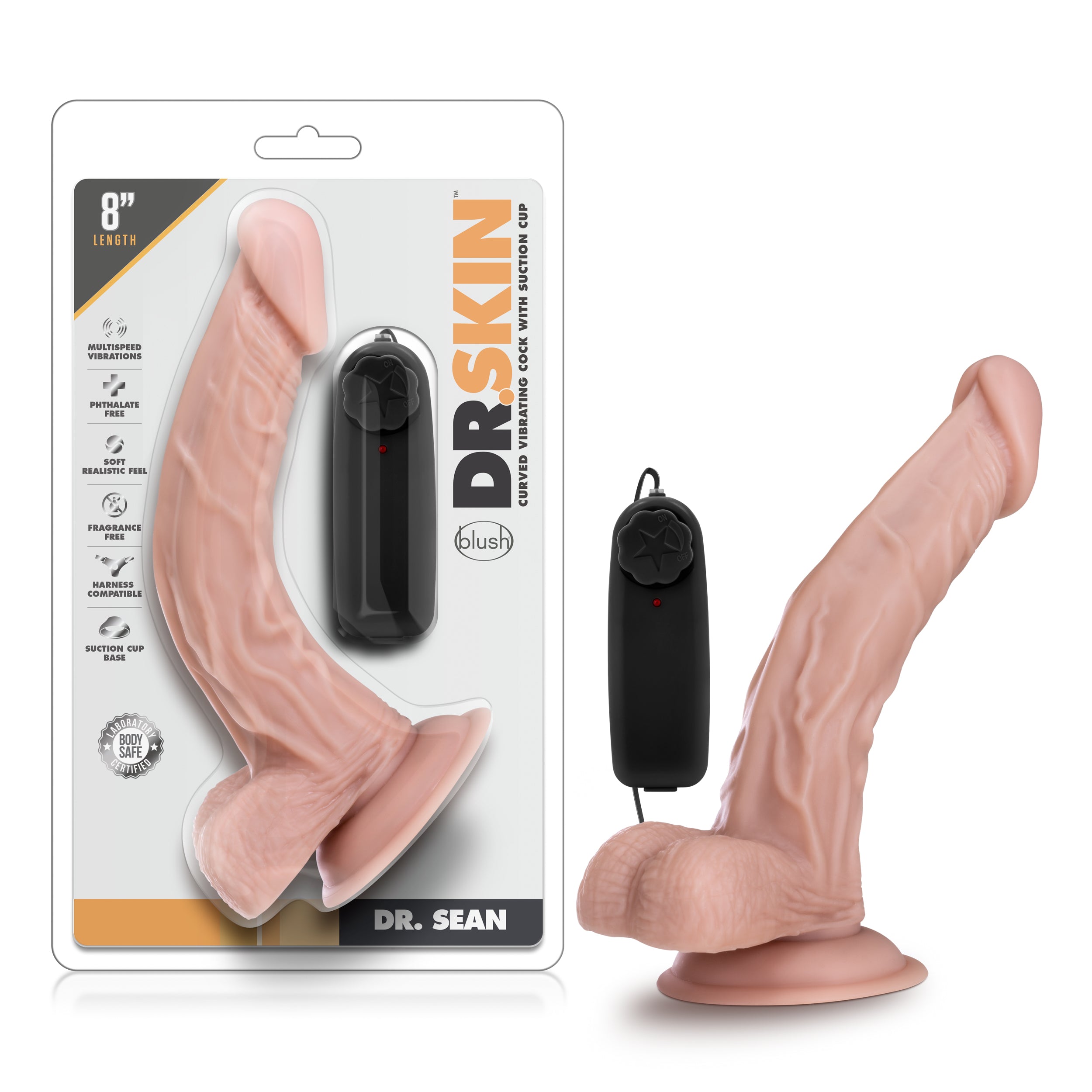 Blush Novelties Dr Skin Dr Sean Vibrating Cock With Suction Cup 8 Inch Vanilla Blush Novelties