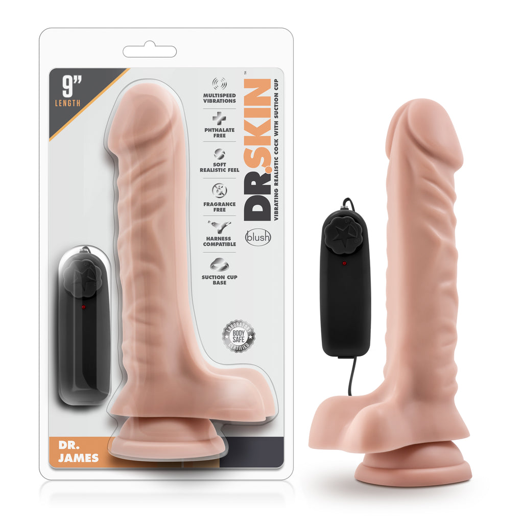 Blush Novelties Dr Skin Dr James Vibrating Cock With Suction Cup 9 Inch Vanilla Blush Novelties