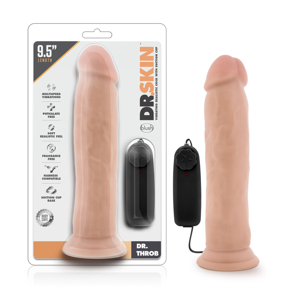 Blush Novelties Dr Skin Dr Throb Vibrating Realistic Cock With Suction Cup 9.5 Inch Vanilla Blush Novelties