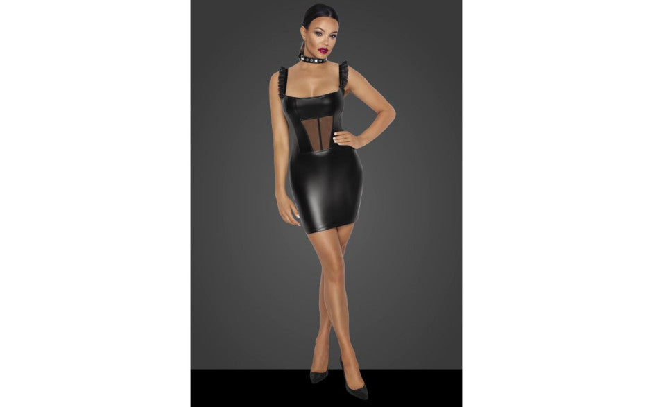 Noir Handmade Power Wetlook Short Dress With Front Tulle Inserts Black Large Noir Handmade Main image
