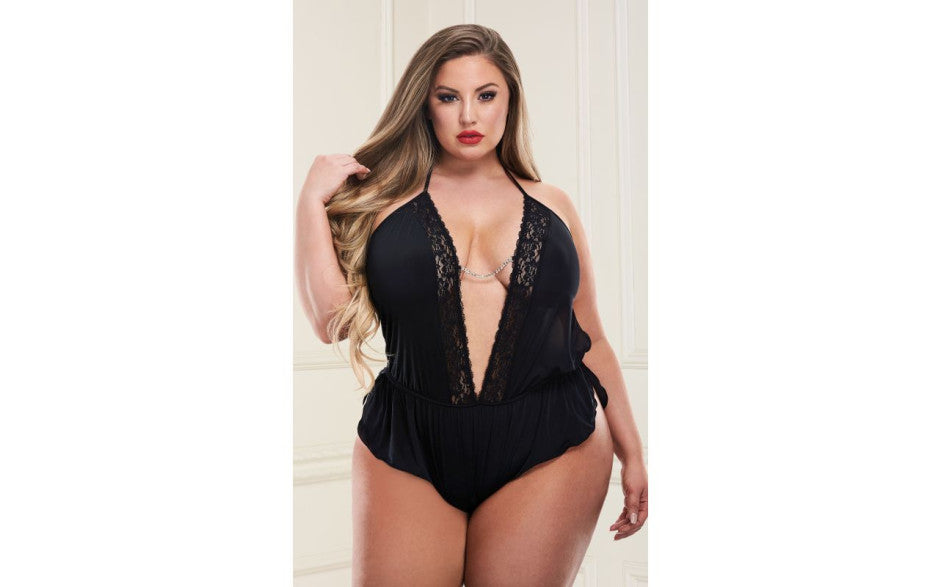 Baci Lingerie Sexy Satin Teddy With Deep V Neckline Black Queen Baci Lingerie