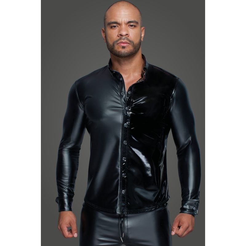 Noir Powerwetlook PVC Long Sleeved Shirt With Button Placket Noir