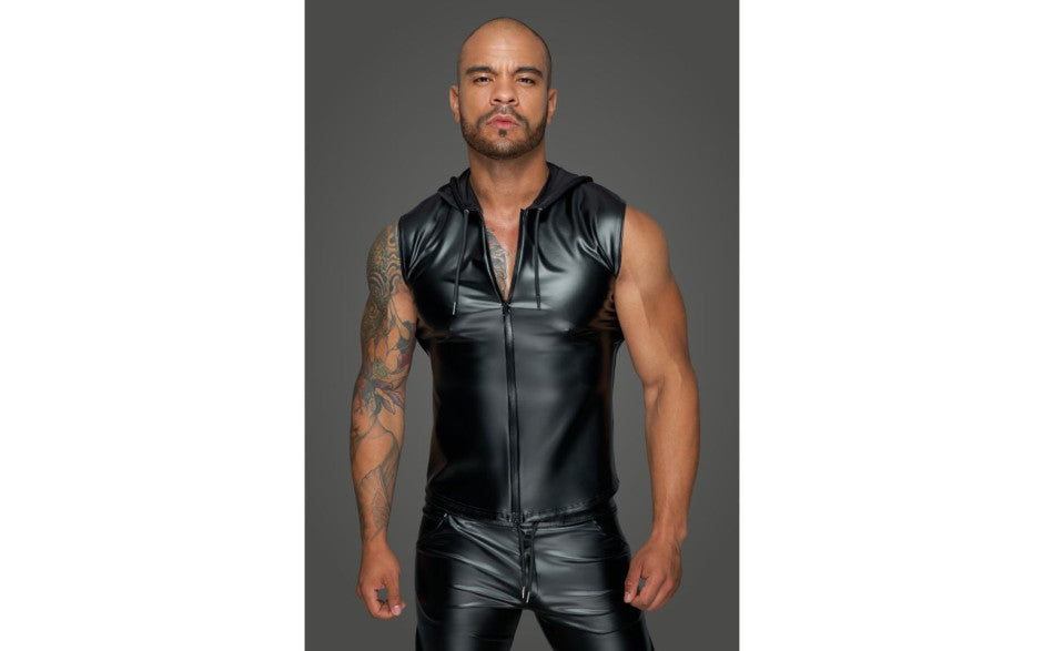 Noir Handmade Powerwetlook Sleeveless Hooded Mens Shirt with 2 Way Zipper Noir Handmade