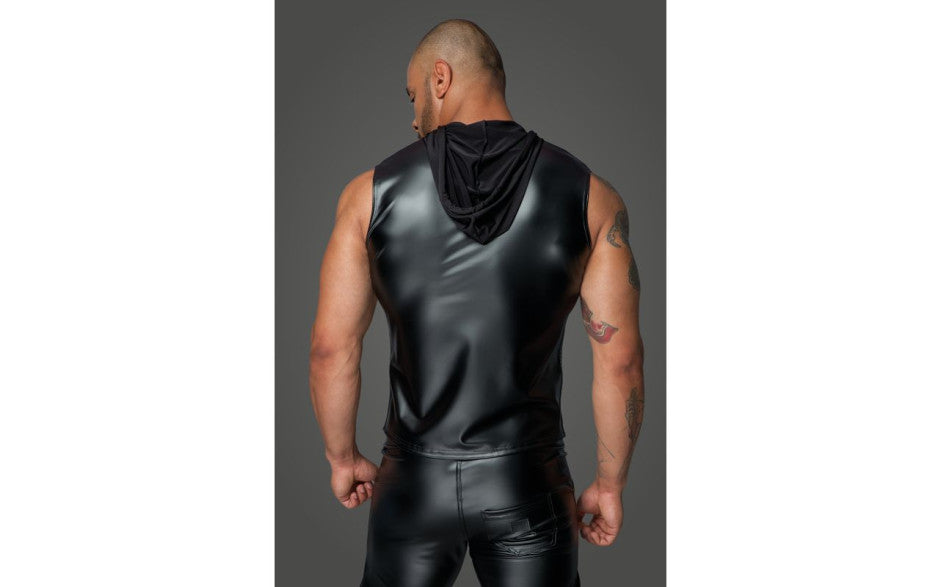 Noir Handmade Powerwetlook Sleeveless Hooded Mens Shirt with 2 Way Zipper Noir Handmade