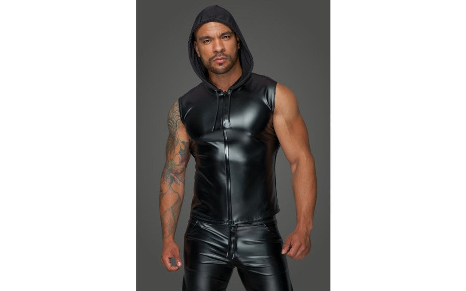 Noir Handmade Powerwetlook Sleeveless Hooded Mens Shirt with 2 Way Zipper Noir Handmade