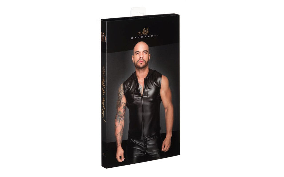 Noir Handmade Powerwetlook Sleeveless Hooded Mens Shirt with 2 Way Zipper Noir Handmade