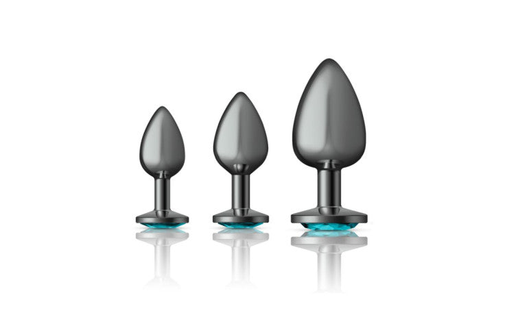 Viben Cheeky Charms Round Metal Butt Plug Gunmetal Kit With Teal Jewel 3 Piece Viben Main image