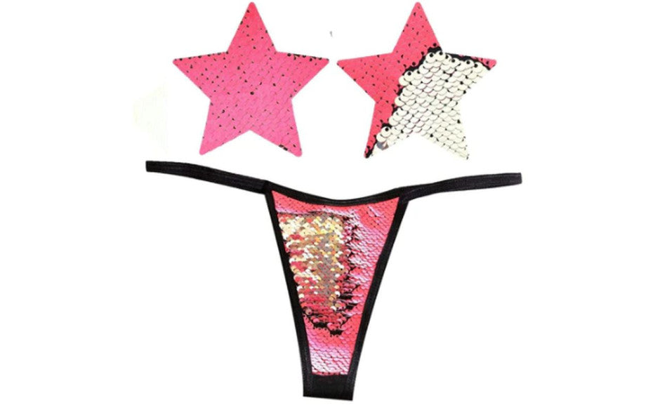 Neva Nude Bitchin Neon Pink & Silver Blacklight Sequin Pastie & Panty Set Secondary image