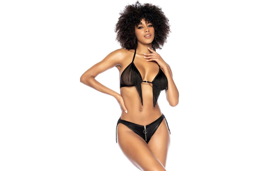 Mapale Fringe Halter 2 Piece Bra and Panty Set Black L / XL Mapale