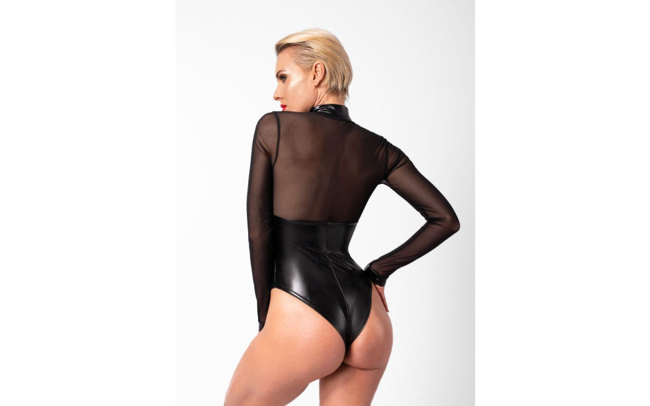 Noir Handmade Edge Wetlook and Mesh Bodysuit With Rings Black Medium Secondary image