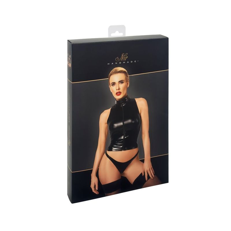 Noir Glam Wetlook Top With Vinyl Corset Noir