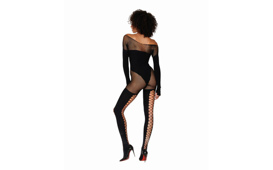 Dreamgirl Lingerie Seamless Opaque & Fishnet Bodystocking Black Dream Girl Lingerie