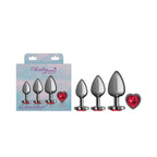 Cheeky Charms Round Metal Butt Plug Gunmetal 3 Piece Kit With Dark Red Heart Jewel Cheeky Charms