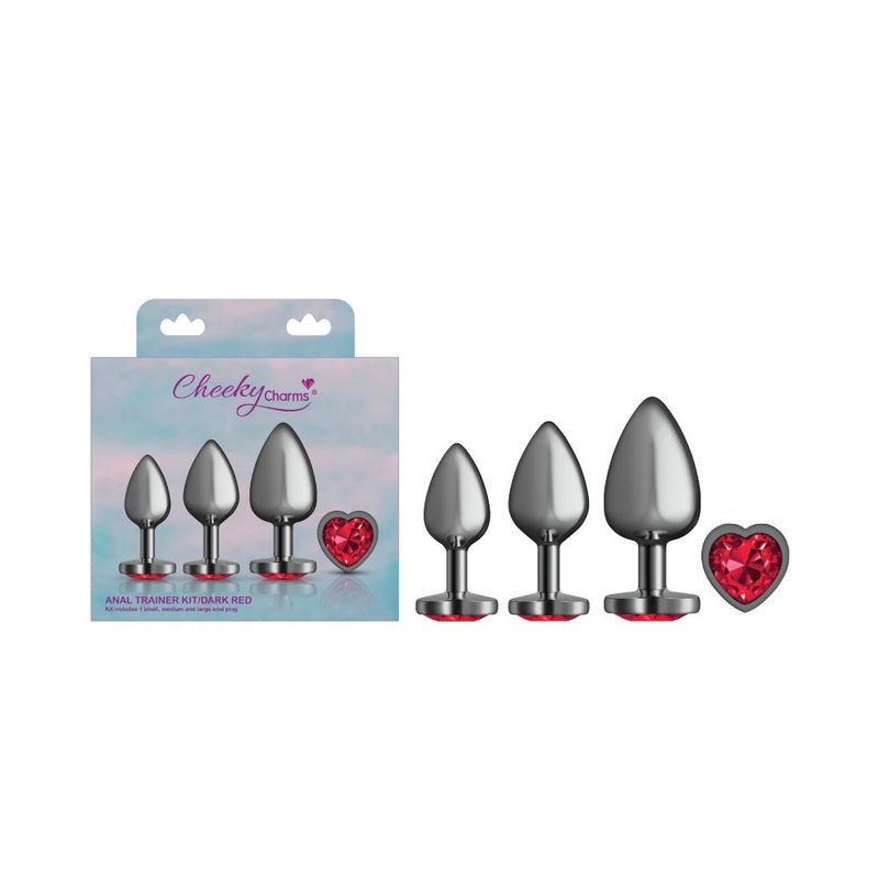 Cheeky Charms Round Metal Butt Plug Gunmetal 3 Piece Kit With Dark Red Heart Jewel Cheeky Charms