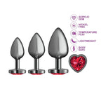 Cheeky Charms Round Metal Butt Plug Gunmetal 3 Piece Kit With Dark Red Heart Jewel Cheeky Charms