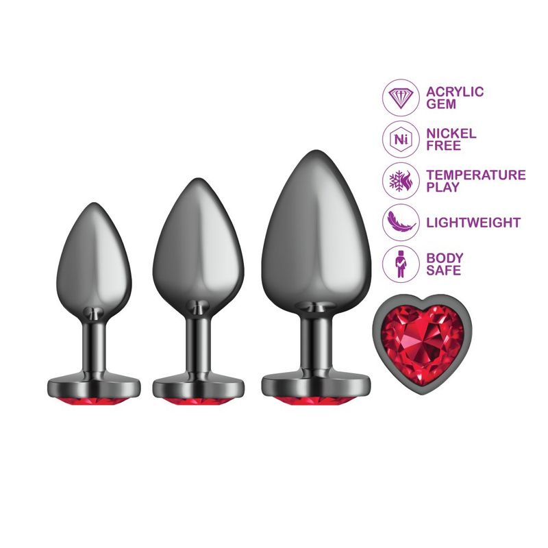 Cheeky Charms Round Metal Butt Plug Gunmetal 3 Piece Kit With Dark Red Heart Jewel Cheeky Charms