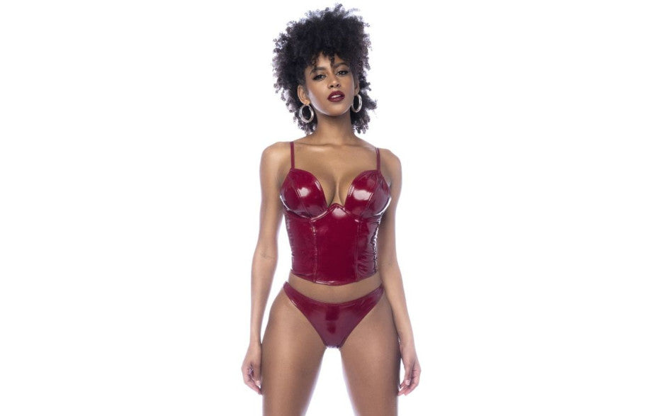 Mapale 2 Piece Wet Look Vinyl Bodysuit Set Gloss Wine