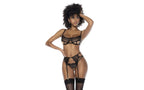 Mapale 3 Piece Bra, Garter Belt and Thong Set Black Mapale