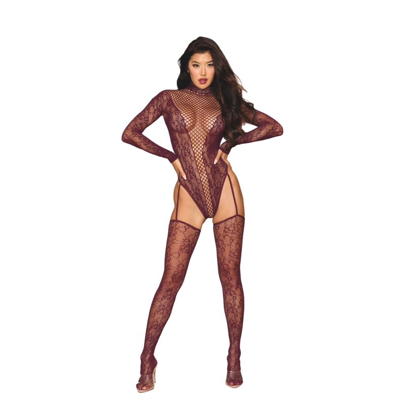 Dreamgirl Teddy Body Stocking Burgundy One Size Dreamgirl
