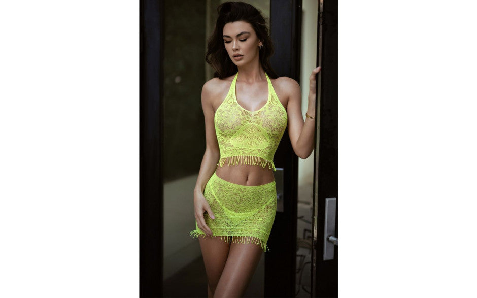 Killer Legs Eyelash Lace Crop Skirt & Thong Neon Yellow 3 Piece Killer Legs