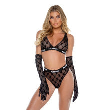 Playboy Flocked Bunny 2 Piece Lingerie Set Black Secondary image