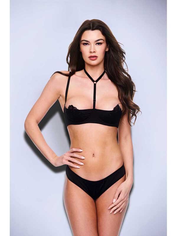 Baci 2pc Sexy Quarter Cup Bra & G-String Set - Black-S/M BX Baci