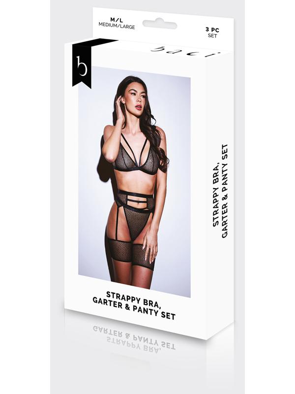 Baci 3pc Strappy Bra Garter & Panty Set-BLK - Q BX Baci