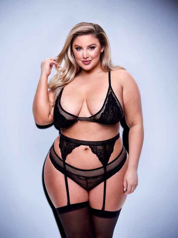 Baci 3pc Lace & Mesh Bra Garter & Panty Set-BLK- Q BX Baci