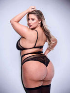 Baci 3pc Lace & Mesh Bra Garter & Panty Set-BLK- Q BX Baci