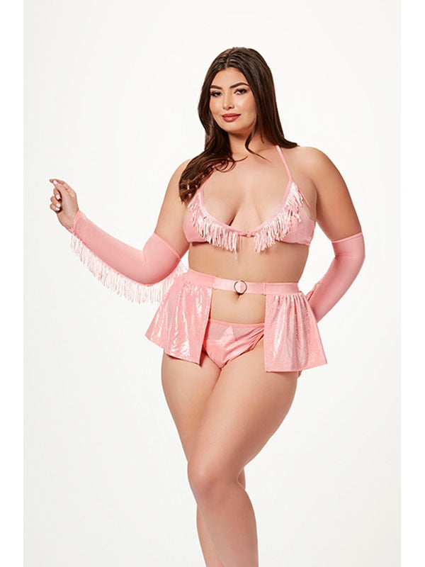 4 Pc Cowgirl Costume Set With Halter Bra Thong Panty Garter Skirt And Fingerless Gloves 10391XP ROSE O/SQ (P)