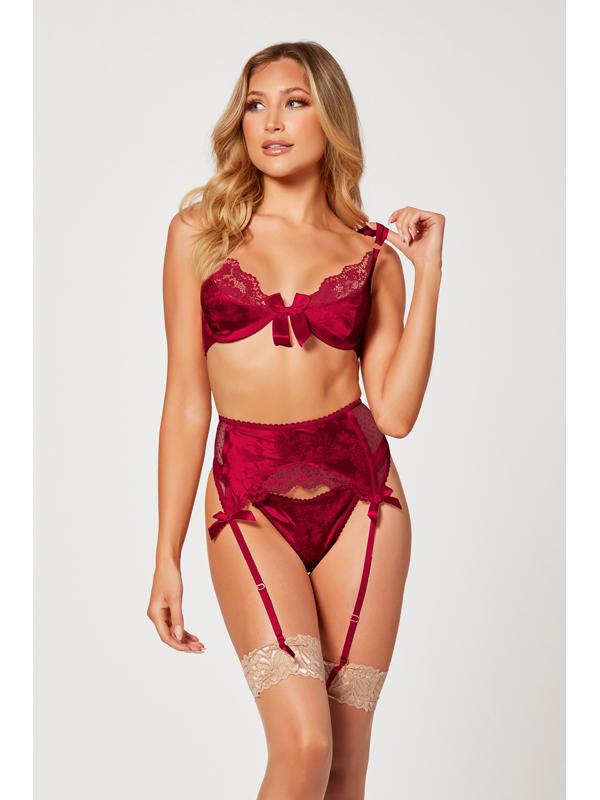 Seven Til Midnight Jacquard Bra Garter Belt & Panty Set Wine 3 Piece Secondary image