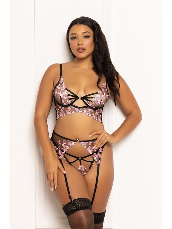 Three Piece Long Line Bra Set.  Multicolored Embroidered Floral Galloon Lace Long Line Bra With Underwire STM-11648-BLACK-M (H)