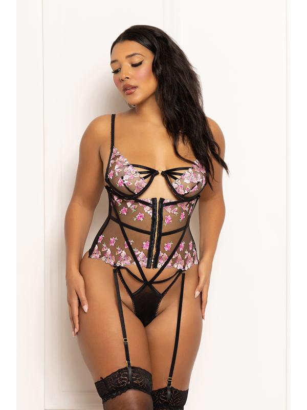 Seven Til Midnight Multicolored Embroidered Floral Galloon Lace Teddy With Underwire Black Secondary image