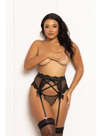 Two Piece Garter Belt Set.  Dot Mesh Garter Belt With Lace Trim STM-11657-BLACK-L/XL (H) Seven Til Midnight