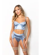 Three Piece Long Line Bra Set.  Embroidered Floral Lace And Satin Long Line Bra With Underwire STM-11672-BLUE-S (H) Seven Til Midnight