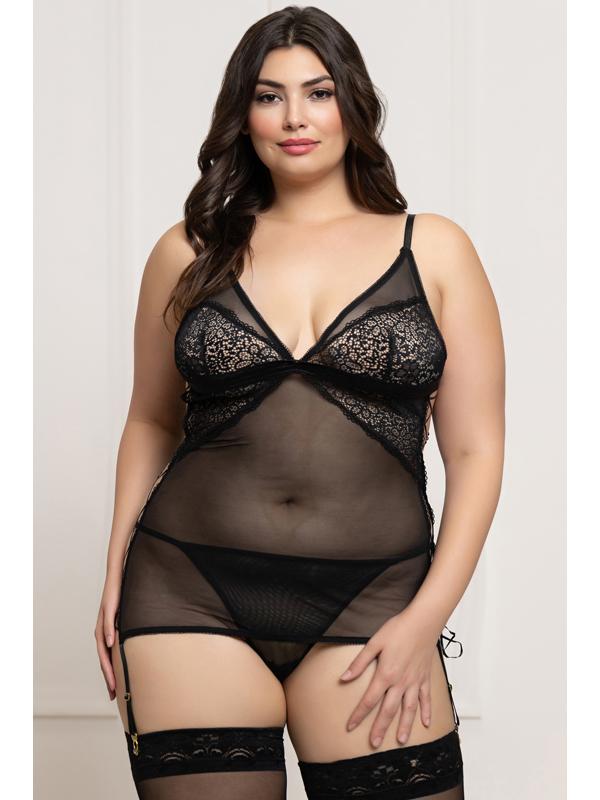 Two Piece Lace and Mesh Chemise Set STM-11823XP-Black-OSX (P) Seven Til Midnight