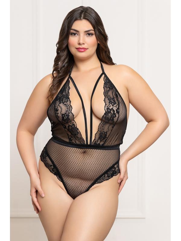 Fence Mesh and Lace Teddy STM-11826XP-Black-OSX (P) Seven Til Midnight