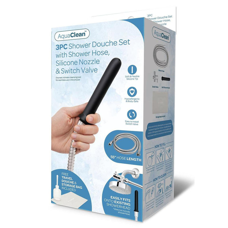 Xgen Products AquaClean 3 Piece Shower Douche Set With Shower Hose Silicone Nozzle & Switch Valve With Free Travel Douche Included